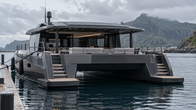 Charcoal grey solar-electric catamaran at an Atlantic-style pontoon