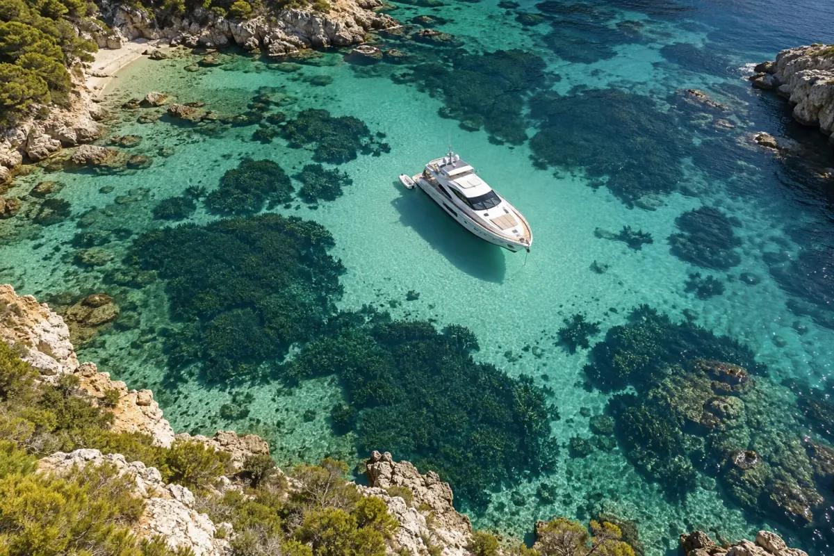 Aerial view of a yacht anchored over a sandy Mediterranean patch beside seagrass