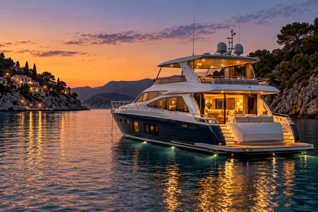 illustration of a cruising motor yacht with warm cabin lights at anchor at dusk