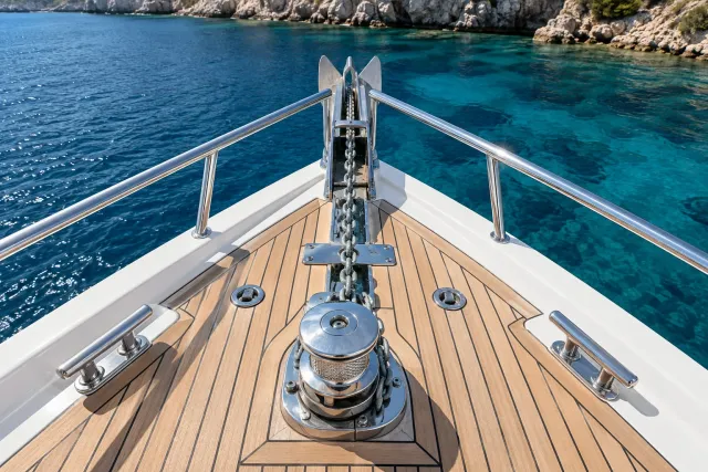 Yacht windlass and anchor chain laid out on a foredeck