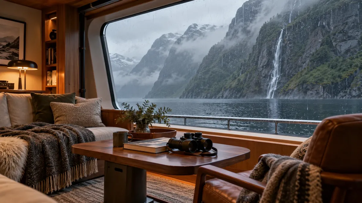 Expedition yacht lounge with wool throws and a window overlooking a misty fjord