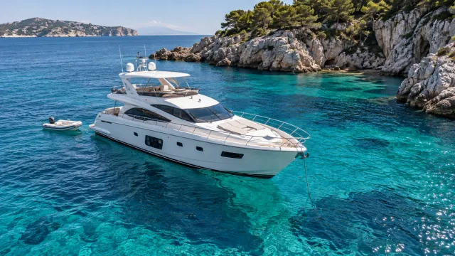 50-foot motor yacht at anchor in turquoise Mediterranean water — YachtMetric