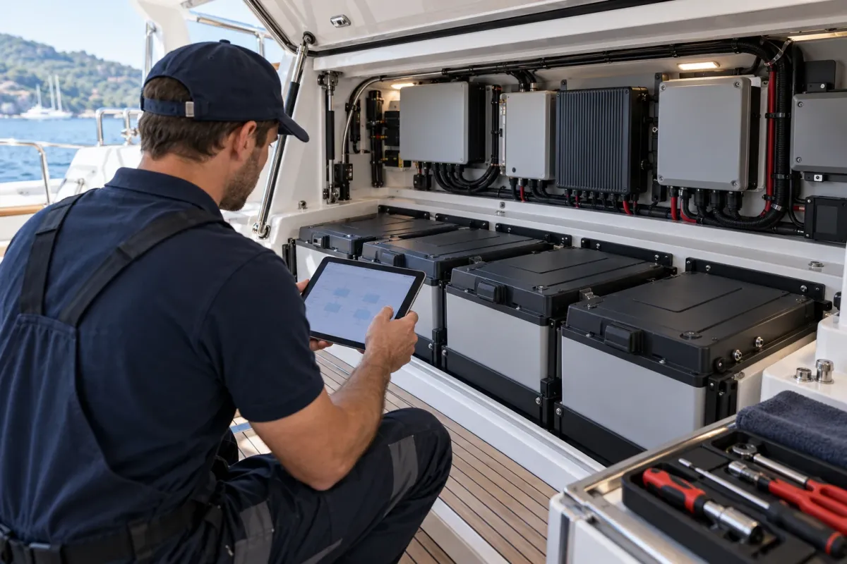 conceptual scene of a marine electrician planning a yacht house battery refit