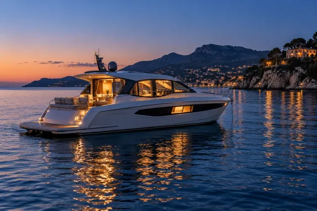 illustration of a yacht at anchor in warm evening light, representing onboard comfort and energy use