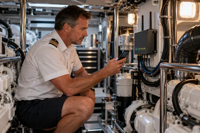 Captain reviewing remote yacht system monitoring in an engine room