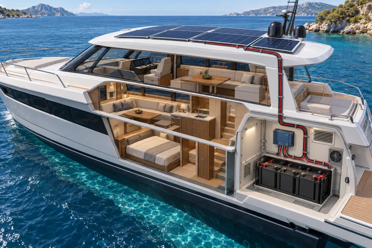 Conceptual yacht solar system showing roof panels, charge controller and enclosed house batteries