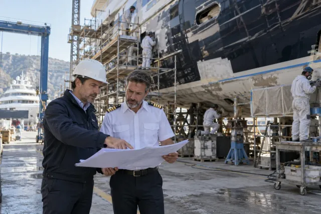 Captain and project manager reviewing a yacht refit plan at the shipyard