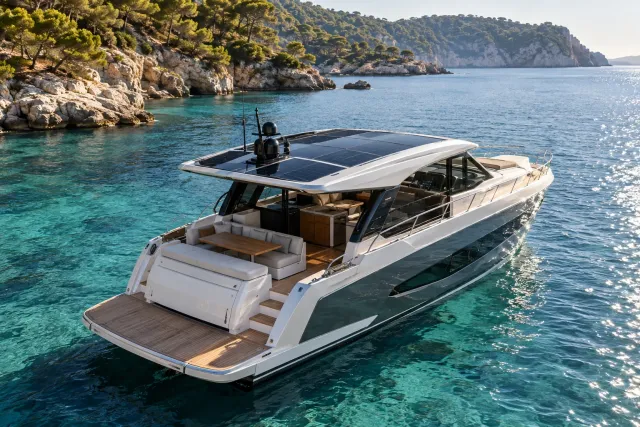 image of a motor yacht with rooftop solar panels at anchor