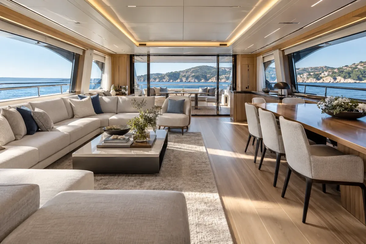 Panoramic salon and dining lounge aboard a modern yacht around 70 feet