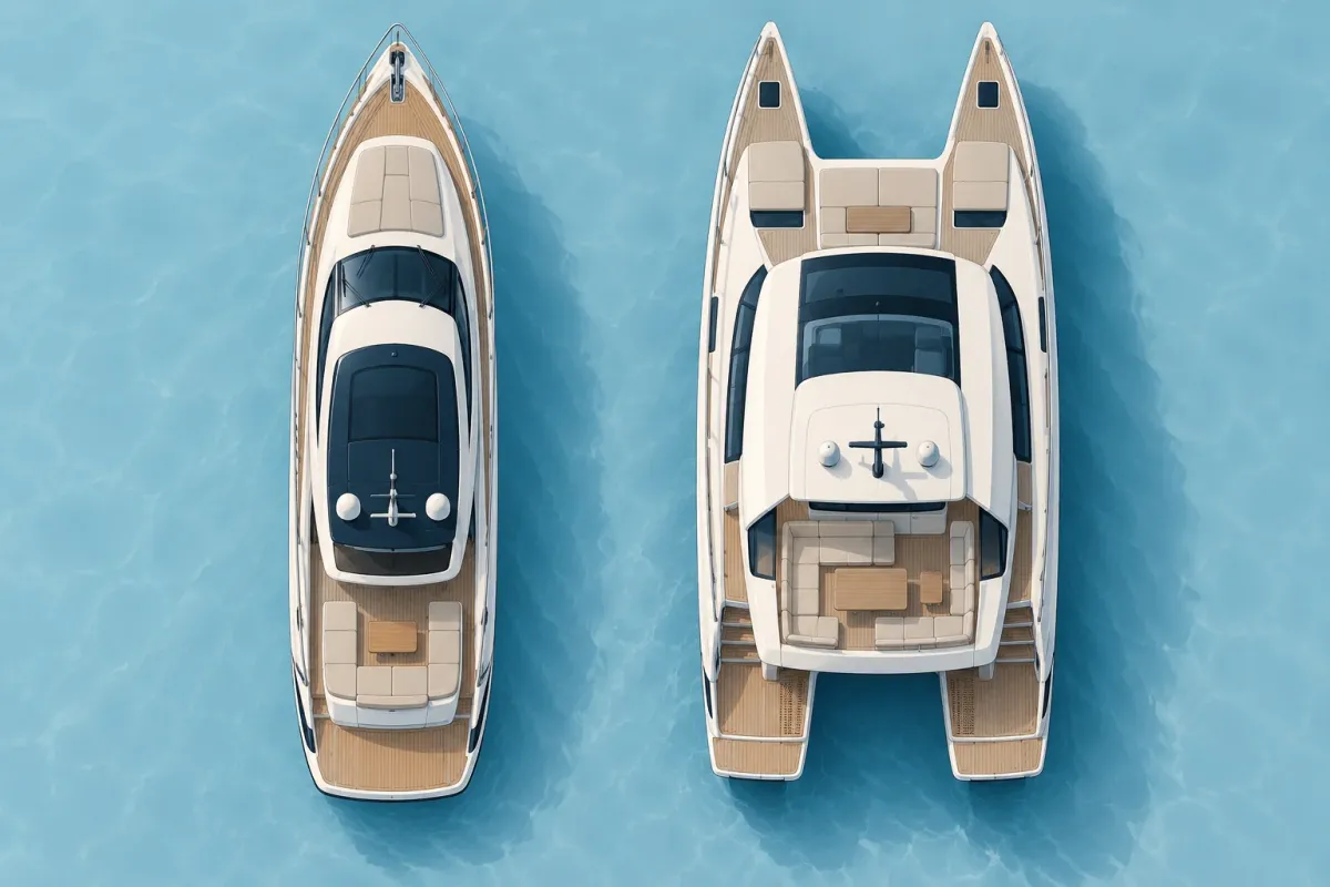 Illustration comparing the top-down footprint of a monohull yacht and a much wider power catamaran