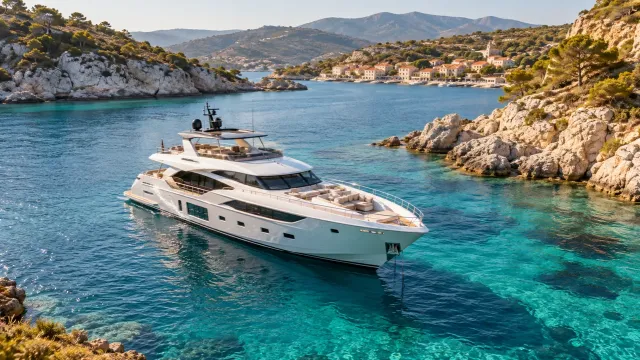 illustration of a white motor yacht anchored in a turquoise Eastern Mediterranean cove