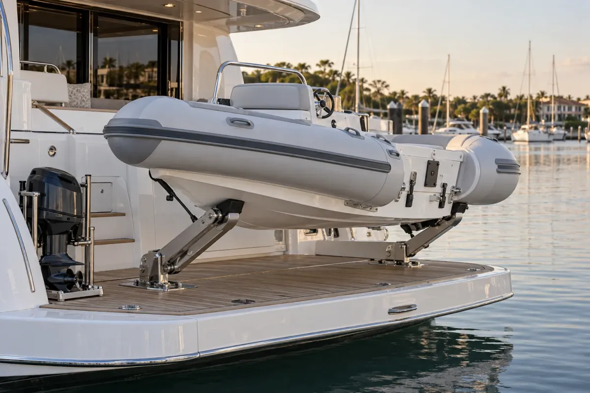 RIB tender secured in yacht transom davits for storage