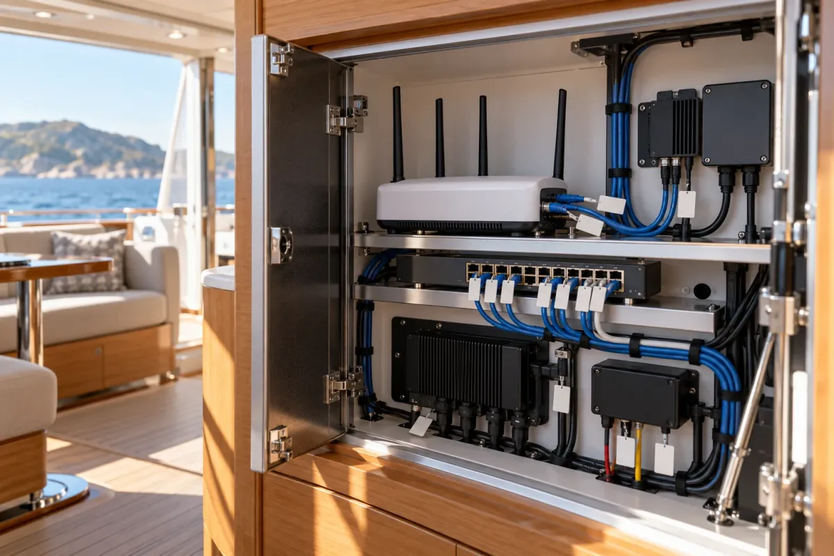 Neatly installed yacht communications router and network equipment in a cabinet