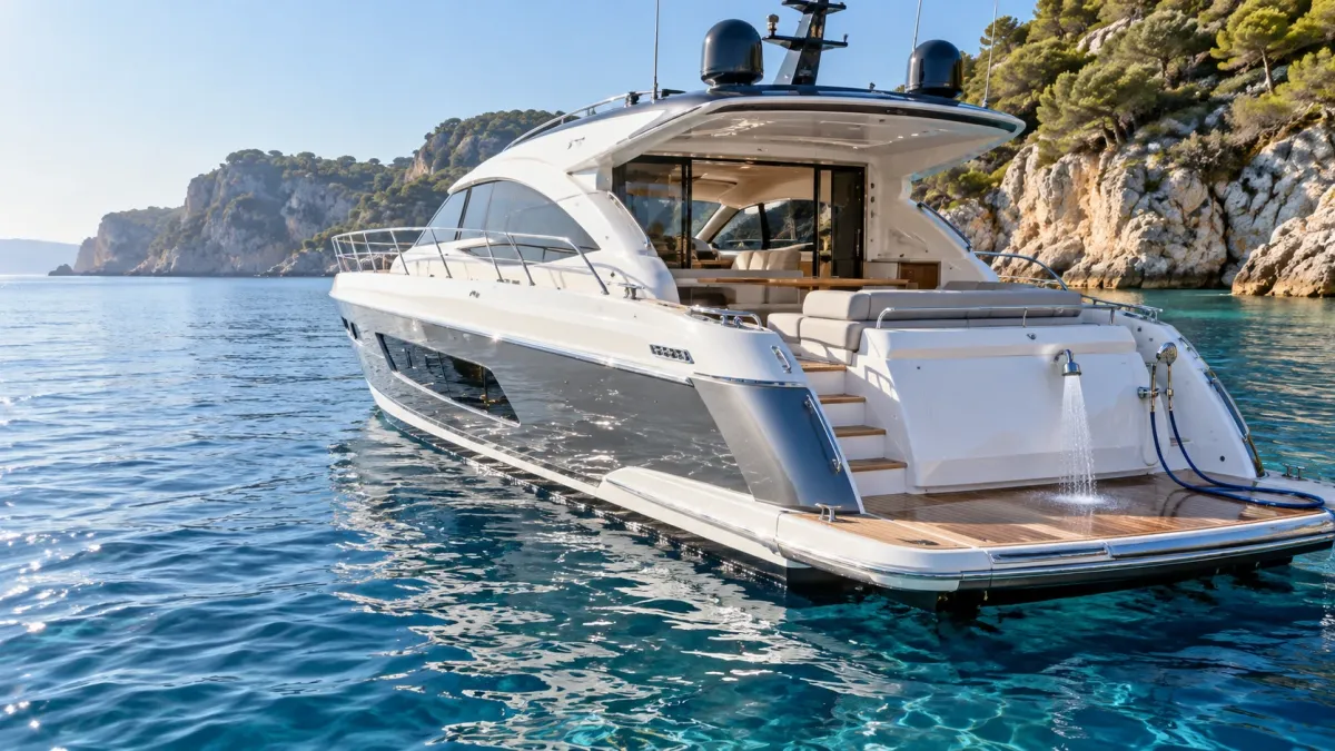image of a cruising motor yacht with a freshwater deck shower at anchor