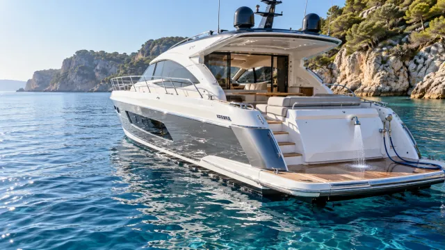image of a cruising motor yacht with a freshwater deck shower at anchor
