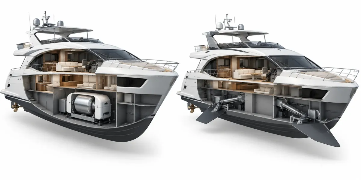 Conceptual side-by-side cutaway of internal yacht gyro and external fin stabilizer systems