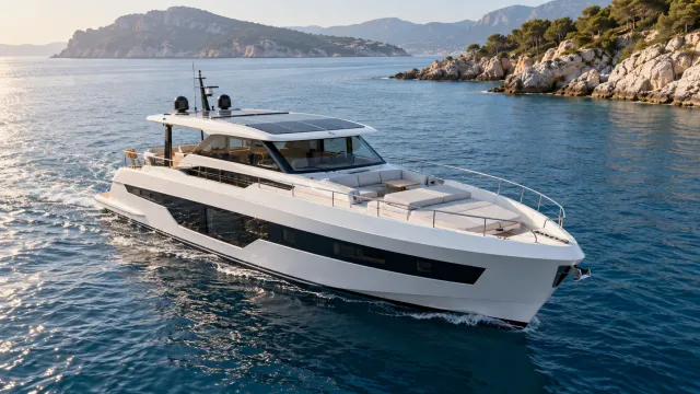 illustration of a contemporary motor yacht with solar roof cruising in a Mediterranean bay