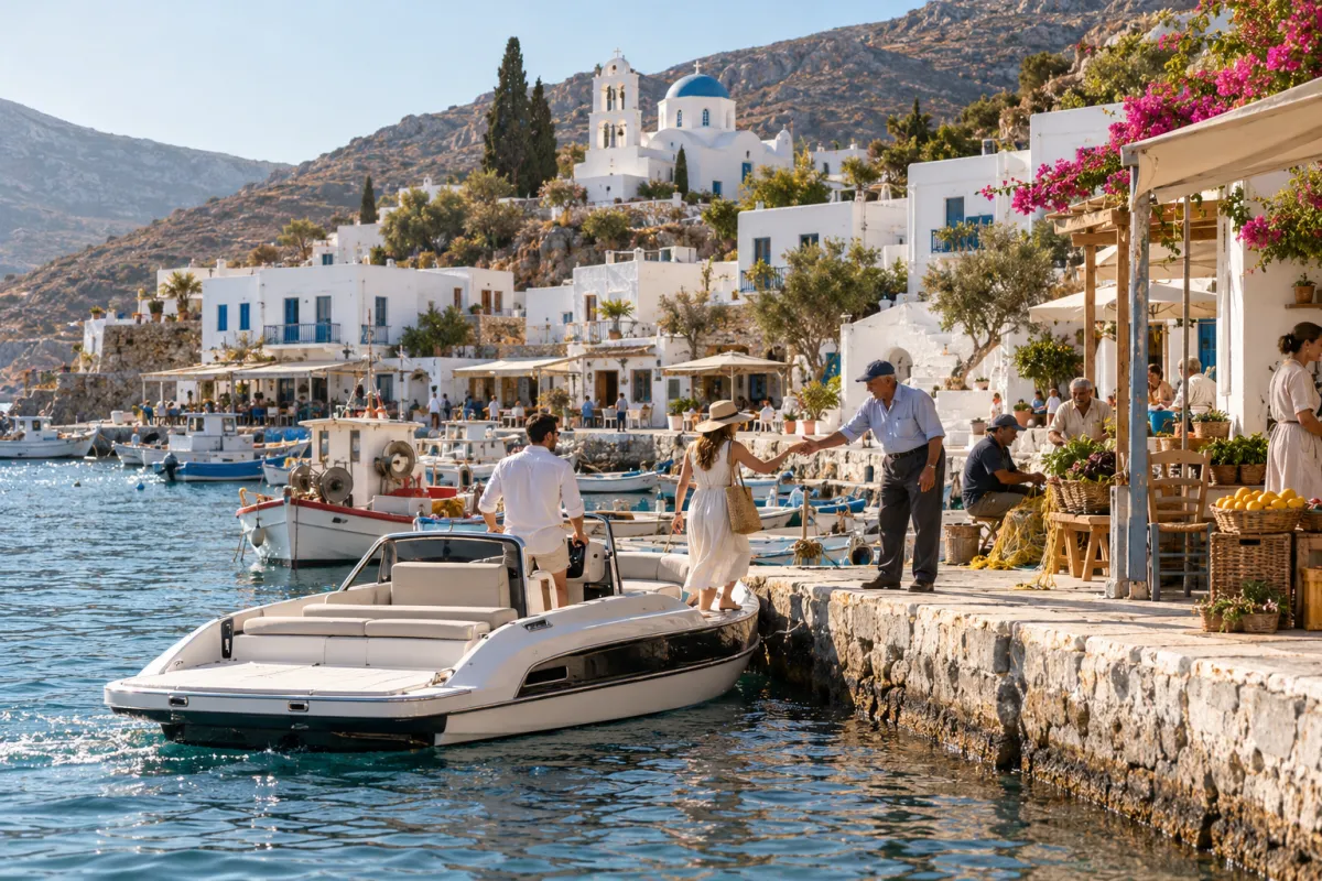 A yacht tender arriving at a small Greek island harbor