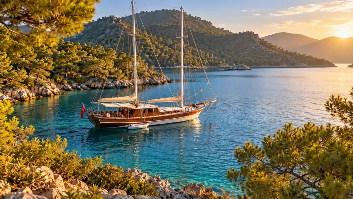 illustration of a wooden Turkish gulet anchored in a pine-lined Aegean cove