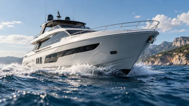 image of a motor yacht underway in lightly choppy water