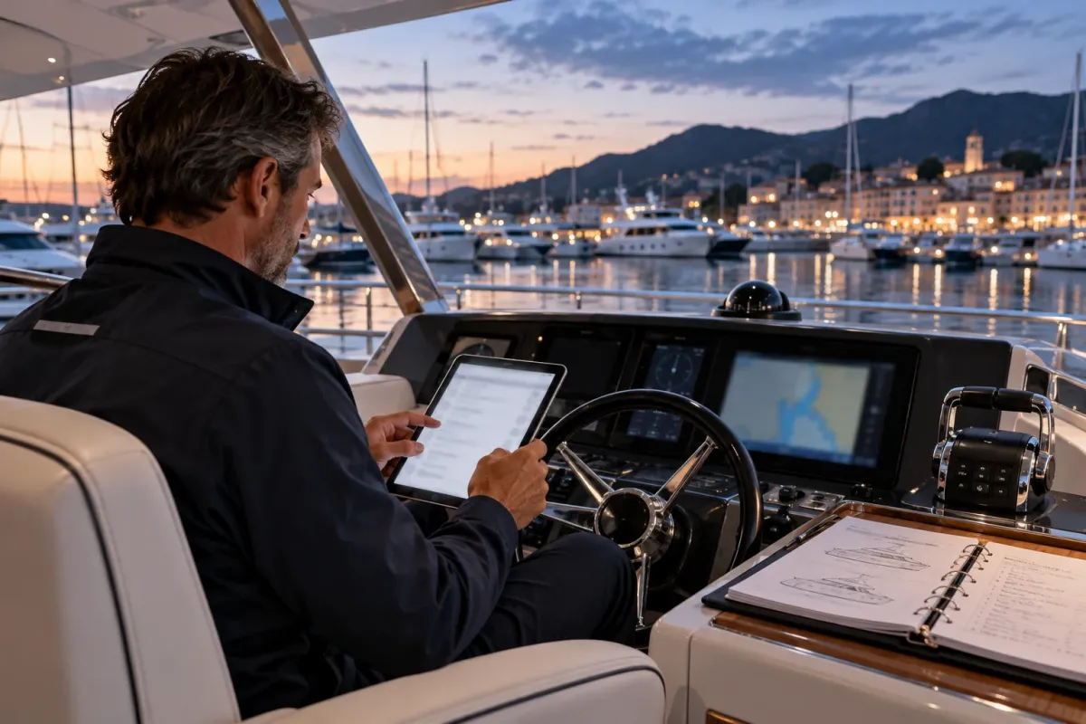 Yacht captain reviewing digital system notes and a checklist at the helm