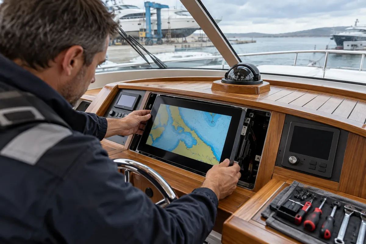 Technician fitting a chartplotter during a yacht electronics refit