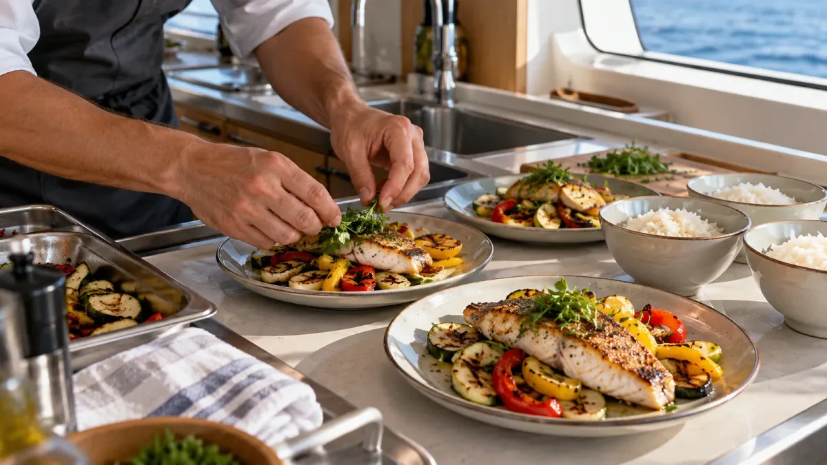 Chef arranging fish, vegetables and separate rice bowls in a yacht galley