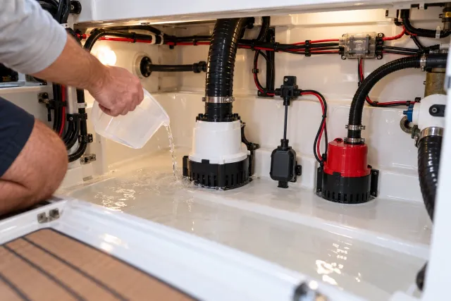 Two bilge pumps and float switch being tested in a yacht bilge