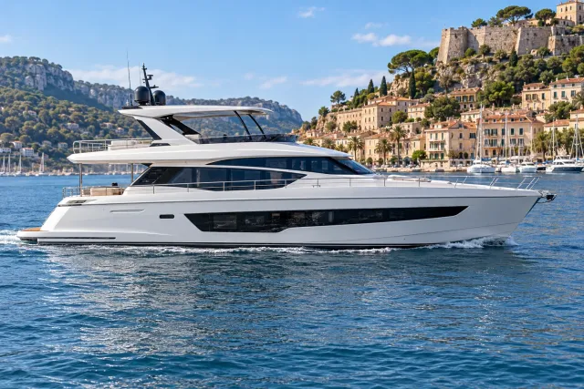 A modern 70-foot motor yacht shown in side profile at a Mediterranean marina