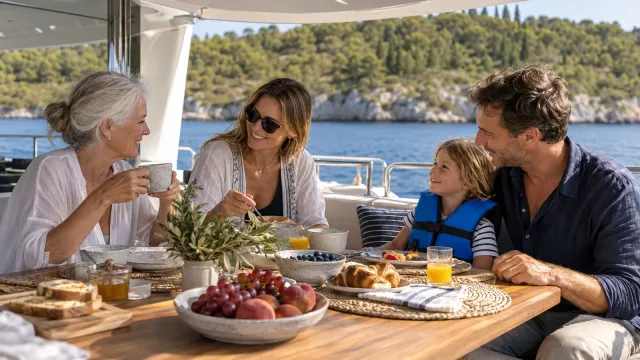 Three generations sharing breakfast in a shaded yacht cockpit