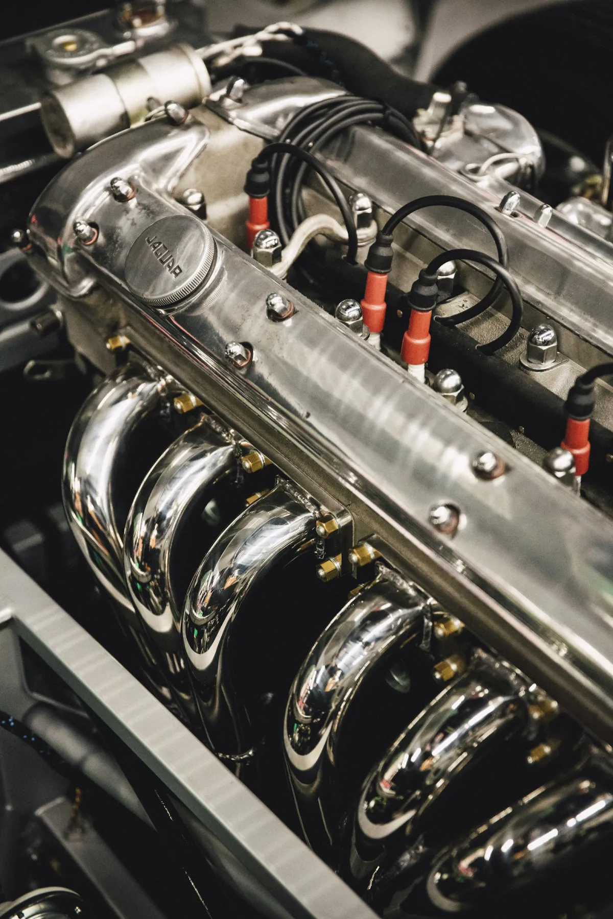 Close-up of a stainless steel diesel engine with exhaust manifolds
