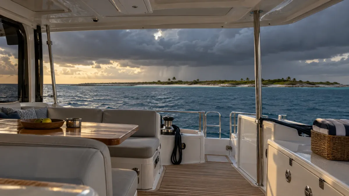 Covered yacht cockpit overlooking low islands under a passing grey rain front