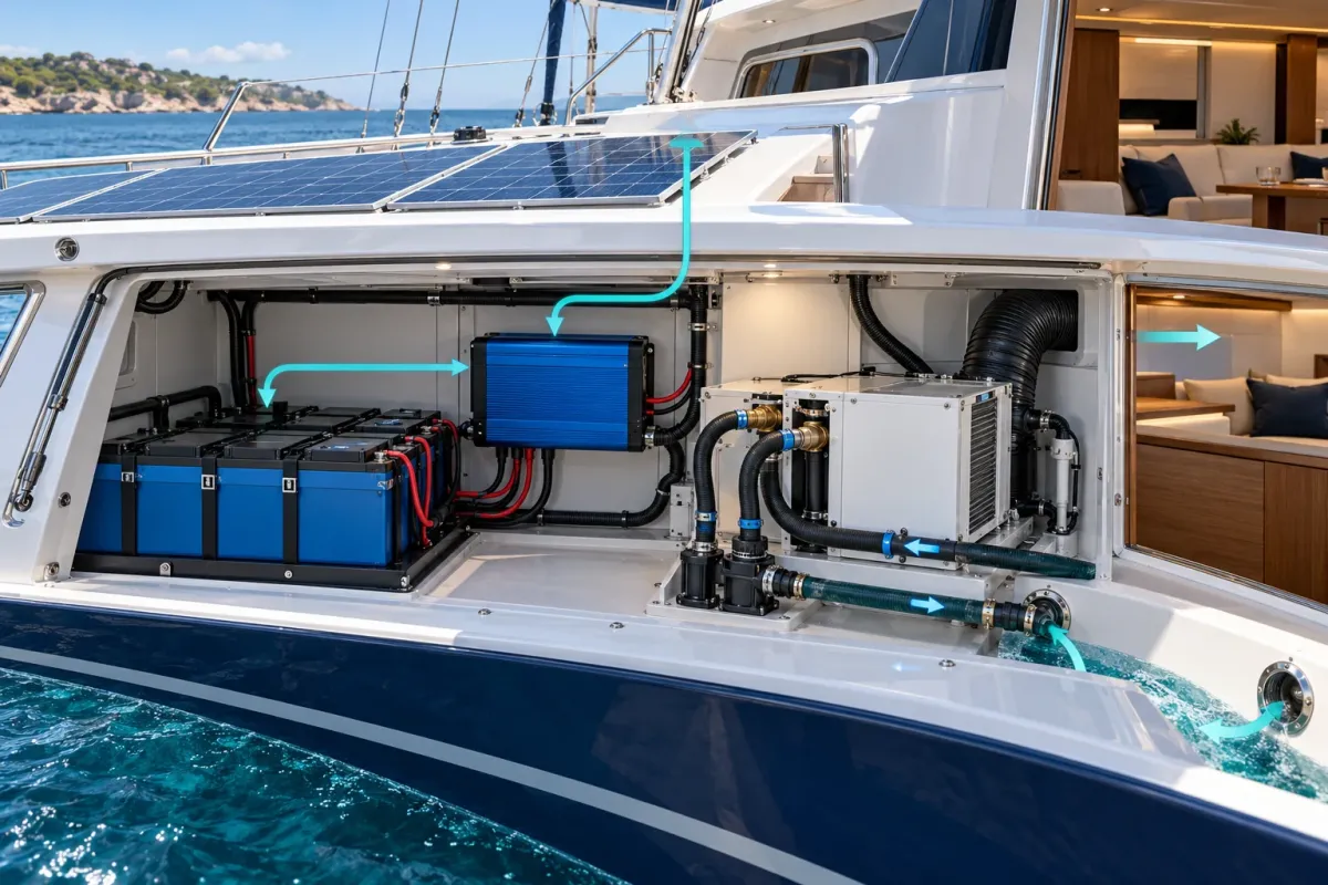 Yacht air conditioning supported by a lithium battery bank, inverter and solar charging